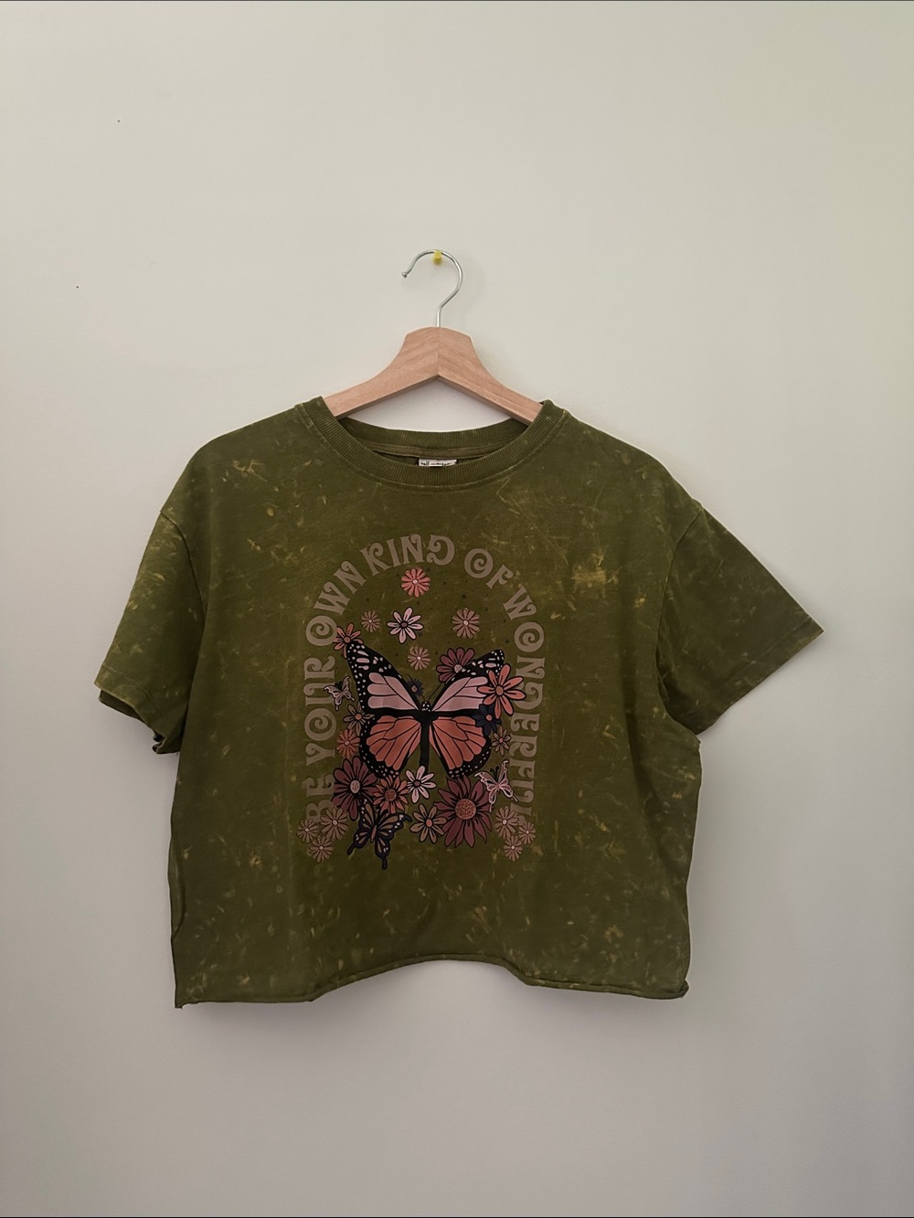Olive Green Butterfly Graphic Crop Tee